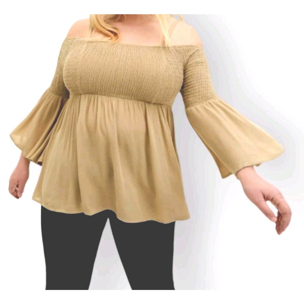 Torrid Plus Size 1X Babydoll Crinkle Gauze Cold Shoulder Top Rayon Beige Tan NWT